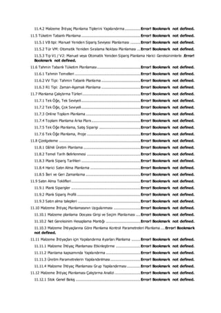 11.4.2 Malzeme İhtiyaç Planlama Tiplerini Yapılandırma ..............Error! Bookmark not defined.
11.5 Tüketim Tabanlı Planlama .....................................................Error! Bookmark not defined.
11.5.1 VB tipi: Manuel Yeniden Sipariş Seviyesi Planlaması .........Error! Bookmark not defined.
11.5.2 Tür VM: Otomatik Yeniden Sıralama Noktası Planlaması ...Error! Bookmark not defined.
11.5.3 Tip V1 / V2: Manuel veya Otomatik Yeniden Sipariş Planlama Harici Gereksinimlerle .Error!
Bookmark not defined.
11.6 Tahmin Tabanlı Tüketim Planlaması.......................................Error! Bookmark not defined.
11.6.1 Tahmin Temelleri ...........................................................Error! Bookmark not defined.
11.6.2 VV Tipi: Tahmin Tabanlı Planlama ...................................Error! Bookmark not defined.
11.6.3 R1 Tipi: Zaman-Aşamalı Planlama ...................................Error! Bookmark not defined.
11.7 Planlama Çalıştırma Türleri....................................................Error! Bookmark not defined.
11.7.1 Tek Öğe, Tek Seviyeli.....................................................Error! Bookmark not defined.
11.7.2 Tek Öğe, Çok Seviyeli.....................................................Error! Bookmark not defined.
11.7.3 Online Toplam Planlama .................................................Error! Bookmark not defined.
11.7.4 Toplam Planlama Arka Planı............................................Error! Bookmark not defined.
11.7.5 Tek Öğe Planlama, Satış Siparişi .....................................Error! Bookmark not defined.
11.7.6 Tek Öğe Planlama, Proje ................................................Error! Bookmark not defined.
11.8 Çizelgeleme .........................................................................Error! Bookmark not defined.
11.8.1 Dâhili Üretim Planlama ...................................................Error! Bookmark not defined.
11.8.2 Temel Tarih Belirlenmesi ................................................Error! Bookmark not defined.
11.8.3 Planlı Sipariş Tarihleri .....................................................Error! Bookmark not defined.
11.8.4 Harici Satın Alma Planlama .............................................Error! Bookmark not defined.
11.8.5 İleri ve Geri Zamanlama .................................................Error! Bookmark not defined.
11.9 Satın Alma Teklifleri..............................................................Error! Bookmark not defined.
11.9.1 Planlı Siparişler ..............................................................Error! Bookmark not defined.
11.9.2 Planlı Sipariş Profili .........................................................Error! Bookmark not defined.
11.9.3 Satın alma talepleri ........................................................Error! Bookmark not defined.
11.10 Malzeme İhtiyaç Planlamasının Uygulanması ........................Error! Bookmark not defined.
11.10.1 Malzeme planlama Dosyası Girişi ve Seçim Planlaması ....Error! Bookmark not defined.
11.10.2 Net Gereksinim Hesaplama Mantığı ...............................Error! Bookmark not defined.
11.10.3 Malzeme İhtiyaçlarına Göre Planlama Kontrol Parametreleri Planlama ....Error! Bookmark
not defined.
11.11 Malzeme İhtiyaçları için Yapılandırma Ayarları Planlama ........Error! Bookmark not defined.
11.11.1 Malzeme İhtiyaç Planlaması Etkinleştirme ......................Error! Bookmark not defined.
11.11.2 Planlama kapsamında Yapılandırma ...............................Error! Bookmark not defined.
11.11.3 Üretim Parametrelerin Yapılandırılması...........................Error! Bookmark not defined.
11.11.4 Malzeme İhtiyaç Planlaması Grup Yapılandırması ............Error! Bookmark not defined.
11.12 Malzeme İhtiyaç Planlaması Çalıştırma Analizi .......................Error! Bookmark not defined.
11.12.1 Stok Genel Bakış ..........................................................Error! Bookmark not defined.
 