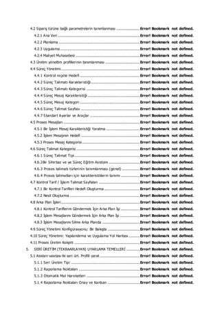 4.2 Sipariş türüne bağlı parametrelerin tanımlanması .....................Error! Bookmark not defined.
4.2.1 Ana Veri ..........................................................................Error! Bookmark not defined.
4.2.2 Planlama .........................................................................Error! Bookmark not defined.
4.2.3 Uygulama........................................................................Error! Bookmark not defined.
4.2.4 Maliyet Muhasebesi ..........................................................Error! Bookmark not defined.
4.3 Üretim yöneltim profillerinin tanımlanması ...............................Error! Bookmark not defined.
4.4 Süreç Yönetimi.......................................................................Error! Bookmark not defined.
4.4.1 Kontrol reçete Hedefi ......................................................Error! Bookmark not defined.
4.4.2 Süreç Talimatı Karakteristiği............................................Error! Bookmark not defined.
4.4.3 Süreç Talimatı Kategorisi ................................................Error! Bookmark not defined.
4.4.4 Süreç Mesaj Karakteristiği ...............................................Error! Bookmark not defined.
4.4.5 Süreç Mesaj Kategori ......................................................Error! Bookmark not defined.
4.4.6 Süreç Talimat Sayfası .....................................................Error! Bookmark not defined.
4.4.7 Standart Ayarlar ve Araçlar .............................................Error! Bookmark not defined.
4.5 Proses Mesajları .....................................................................Error! Bookmark not defined.
4.5.1 Bir İşlem Mesaj Karakteristiği Yaratma ..............................Error! Bookmark not defined.
4.5.2 İşlem Mesajının Hedefi .....................................................Error! Bookmark not defined.
4.5.3 Proses Mesaj Kategorisi....................................................Error! Bookmark not defined.
4.6 Süreç Talimat Kategorisi .........................................................Error! Bookmark not defined.
4.6.1 Süreç Talimat Tipi...........................................................Error! Bookmark not defined.
4.6.2Bir Sihirbaz ve ye Süreç Eğitim Asistanı ............................Error! Bookmark not defined.
4.6.3 Proses talimatı türlerinin tanımlanması (genel) ................Error! Bookmark not defined.
4.6.4 Proses talimatları için karakteristiklerin tanımı .................Error! Bookmark not defined.
4.7 Kontrol Tarif / İşlem Talimat Sayfaları .....................................Error! Bookmark not defined.
4.7.1 Bir Kontrol Tarifleri Hedefi Oluşturma ................................Error! Bookmark not defined.
4.7.2 Nesil Oluşturma ...............................................................Error! Bookmark not defined.
4.8 Arka Plan İşleri.......................................................................Error! Bookmark not defined.
4.8.1 Kontrol Tariflerini Göndermek İçin Arka Plan İşi .................Error! Bookmark not defined.
4.8.2 İşlem Mesajlarını Göndermek İçin Arka Plan İşi ..................Error! Bookmark not defined.
4.8.3 İşlem Mesajlarını Silme Arka Planda ..................................Error! Bookmark not defined.
4.9 Süreç Yönetimi Konfigürasyonu: Bir Bakışta .............................Error! Bookmark not defined.
4.10 Süreç Yönetimi: Yapılandırma ve Uygulama Yol Haritası ..........Error! Bookmark not defined.
4.11 Proses Üretim Kokpiti ...........................................................Error! Bookmark not defined.
5. SERİ ÜRETİM (TEKRAARLAYAN) UYARLAMA TEMELLERİ ............Error! Bookmark not defined.
5.1 Asistan vasıtası ile seri ürt. Profili yarat ....................................Error! Bookmark not defined.
5.1.1 Seri Üretim Tipi ..............................................................Error! Bookmark not defined.
5.1.2 Raporlama Noktaları .......................................................Error! Bookmark not defined.
5.1.3 Otomatik Mal Hareketleri ................................................Error! Bookmark not defined.
5.1.4 Raporlama Noktaları Onay ve Kanban .............................Error! Bookmark not defined.
 