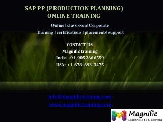 SAP PP (PRODUCTION PLANNING)
ONLINE TRAINING
Online | classroom| Corporate
Training | certifications | placements| support
CONTACT US:
Magnific training
India +91-9052666559
USA : +1-678-693-3475

info@magnifictraining.com
www.magnifictraining.com

 
