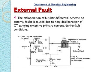 External FaultExternal Fault
 The maloperation of bus bar differential scheme on
external faults is caused due to non ideal behavior of
CT carrying excessive primary current, during fault
conditions.
Department of Electrical Engineering
 