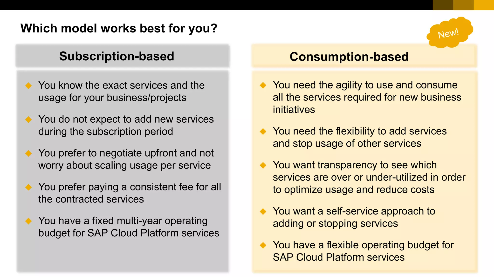 30PUBLIC© 2017 SAP SE or an SAP affiliate company. All rights reserved. ǀ
 You need the agility to use and consume
all the services required for new business
initiatives
 You need the flexibility to add services
and stop usage of other services
 You want transparency to see which
services are over or under-utilized in order
to optimize usage and reduce costs
 You want a self-service approach to
adding or stopping services
 You have a flexible operating budget for
SAP Cloud Platform services
 You know the exact services and the
usage for your business/projects
 You do not expect to add new services
during the subscription period
 You prefer to negotiate upfront and not
worry about scaling usage per service
 You prefer paying a consistent fee for all
the contracted services
 You have a fixed multi-year operating
budget for SAP Cloud Platform services
Which model works best for you?
Consumption-basedSubscription-based
 