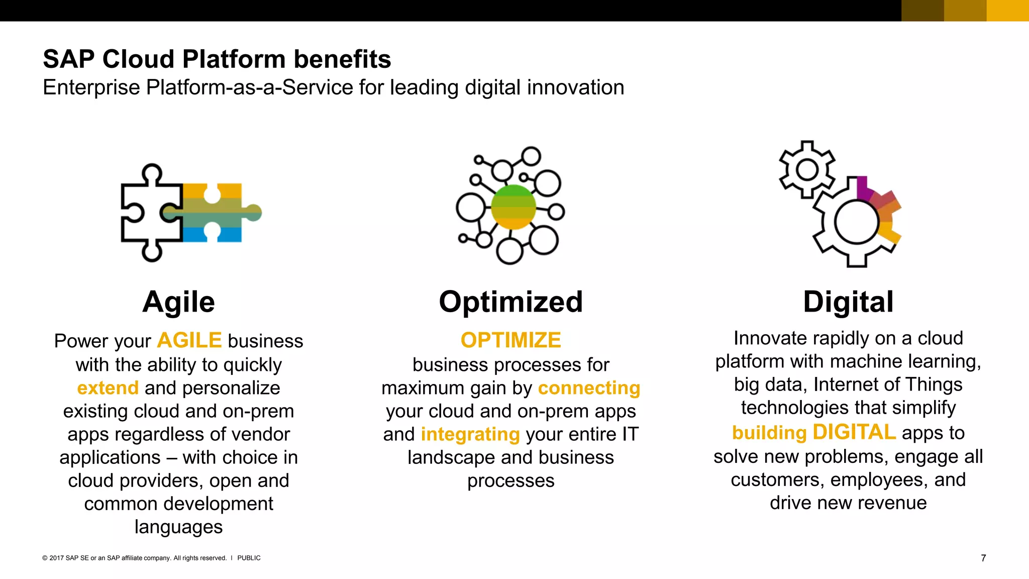 7PUBLIC© 2017 SAP SE or an SAP affiliate company. All rights reserved. ǀ
SAP Cloud Platform benefits
Enterprise Platform-as-a-Service for leading digital innovation
Agile DigitalOptimized
Power your AGILE business
with the ability to quickly
extend and personalize
existing cloud and on-prem
apps regardless of vendor
applications – with choice in
cloud providers, open and
common development
languages
OPTIMIZE
business processes for
maximum gain by connecting
your cloud and on-prem apps
and integrating your entire IT
landscape and business
processes
Innovate rapidly on a cloud
platform with machine learning,
big data, Internet of Things
technologies that simplify
building DIGITAL apps to
solve new problems, engage all
customers, employees, and
drive new revenue
 