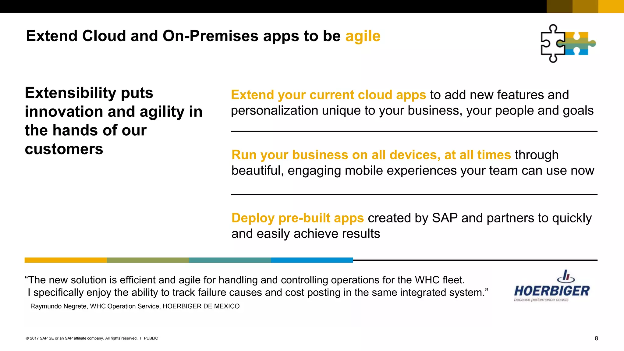 8PUBLIC© 2017 SAP SE or an SAP affiliate company. All rights reserved. ǀ
Extend Cloud and On-Premises apps to be agile
Extensibility puts
innovation and agility in
the hands of our
customers
Extend your current cloud apps to add new features and
personalization unique to your business, your people and goals
Run your business on all devices, at all times through
beautiful, engaging mobile experiences your team can use now
Deploy pre-built apps created by SAP and partners to quickly
and easily achieve results
“The new solution is efficient and agile for handling and controlling operations for the WHC fleet.
I specifically enjoy the ability to track failure causes and cost posting in the same integrated system.”
Raymundo Negrete, WHC Operation Service, HOERBIGER DE MEXICO
 