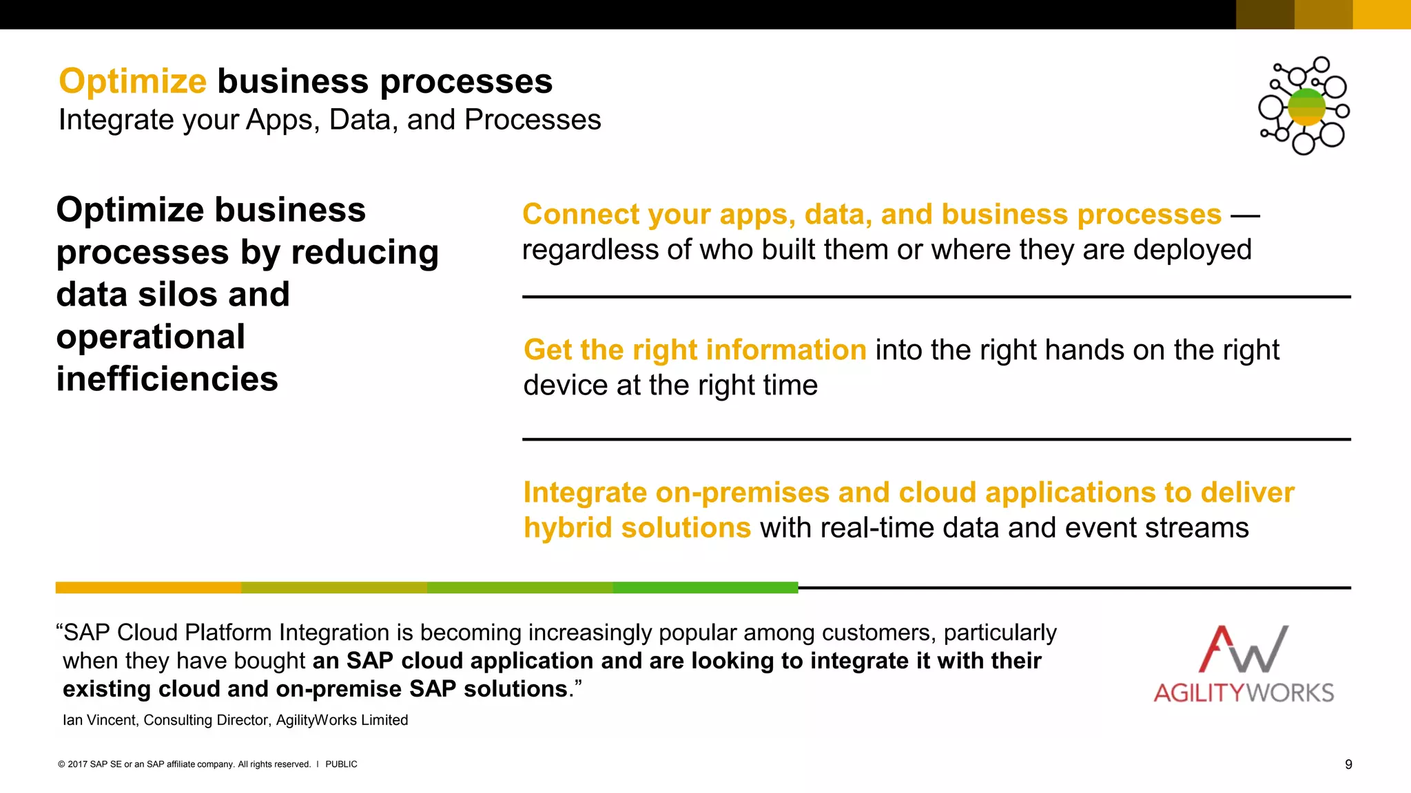 9PUBLIC© 2017 SAP SE or an SAP affiliate company. All rights reserved. ǀ
Optimize business processes
Integrate your Apps, Data, and Processes
Optimize business
processes by reducing
data silos and
operational
inefficiencies
Connect your apps, data, and business processes —
regardless of who built them or where they are deployed
Get the right information into the right hands on the right
device at the right time
Integrate on-premises and cloud applications to deliver
hybrid solutions with real-time data and event streams
“SAP Cloud Platform Integration is becoming increasingly popular among customers, particularly
when they have bought an SAP cloud application and are looking to integrate it with their
existing cloud and on-premise SAP solutions.”
Ian Vincent, Consulting Director, AgilityWorks Limited
 