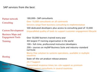 SAP services from the best:
Partner network
Consulting
Custom Development
Business Maps and
Engagement Tools
Training
Hosting
Ramp-up
Support
180,000+ SAP consultants
Over 10,000 consultants on all continents
Services range from business consulting to implementation
500 dedicated developers plus access to consulting pool of 10,000
Unparalleled quality of tools to support customer engagement lifecycle
Over 50,000 learners trained every year
4th largest IT training organisation in the world
100+ full-time, professional instructor/developers
200+ courses on mySAP Business Suite and industry-standard
curricula
Worry-free solution to systems operations, available in multiple
countries
State-of-the-art product release process
24/7 Support
Guaranteed response times/on-site support as premium
2,000 support consultants in several countries
 