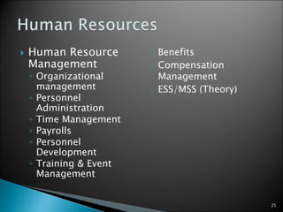 25
 Human Resource
Management
◦ Organizational
management
◦ Personnel
Administration
◦ Time Management
◦ Payrolls
◦ Personnel
Development
◦ Training & Event
Management
o Benefits
o Compensation
Management
o ESS/MSS (Theory)
 