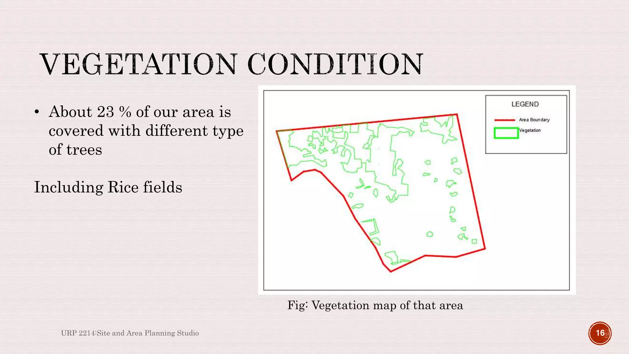 URP 2214:Site and Area Planning Studio 16
Fig: Vegetation map of that area
• About 23 % of our area is
covered with different type
of trees
Including Rice fields
 