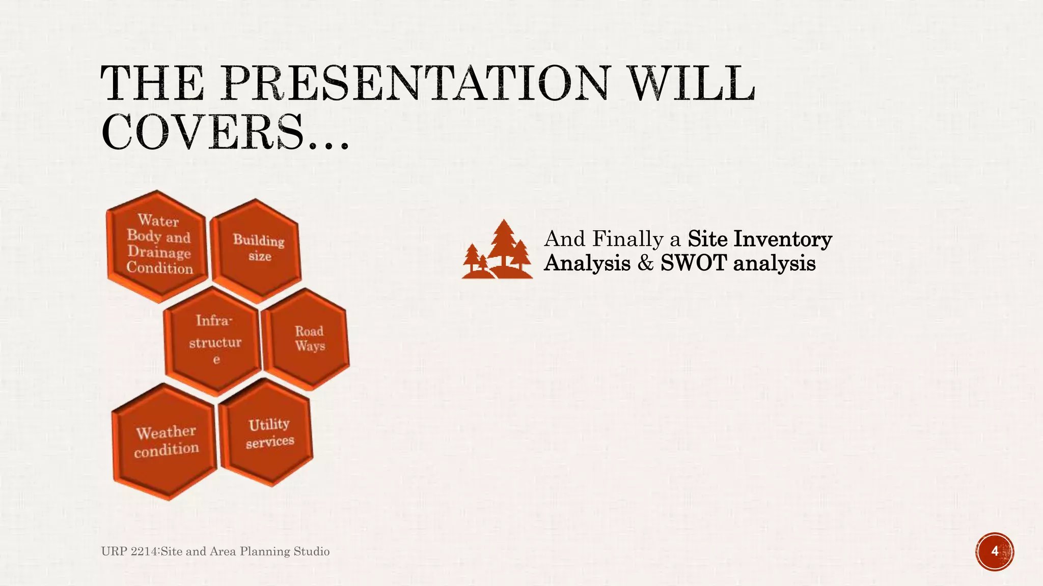 URP 2214:Site and Area Planning Studio 4
And Finally a Site Inventory
Analysis & SWOT analysis
 