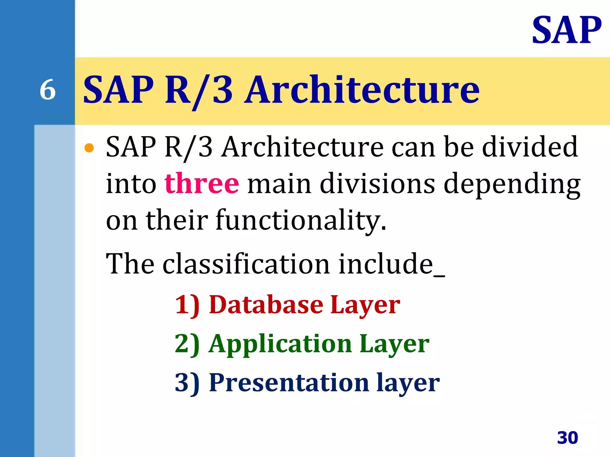 • SAP R/3 Architecture can be divided
into three main divisions depending
on their functionality.
The classification include_
1) Database Layer
2) Application Layer
3) Presentation layer
SAP R/3 Architecture
30
SAP
6
 