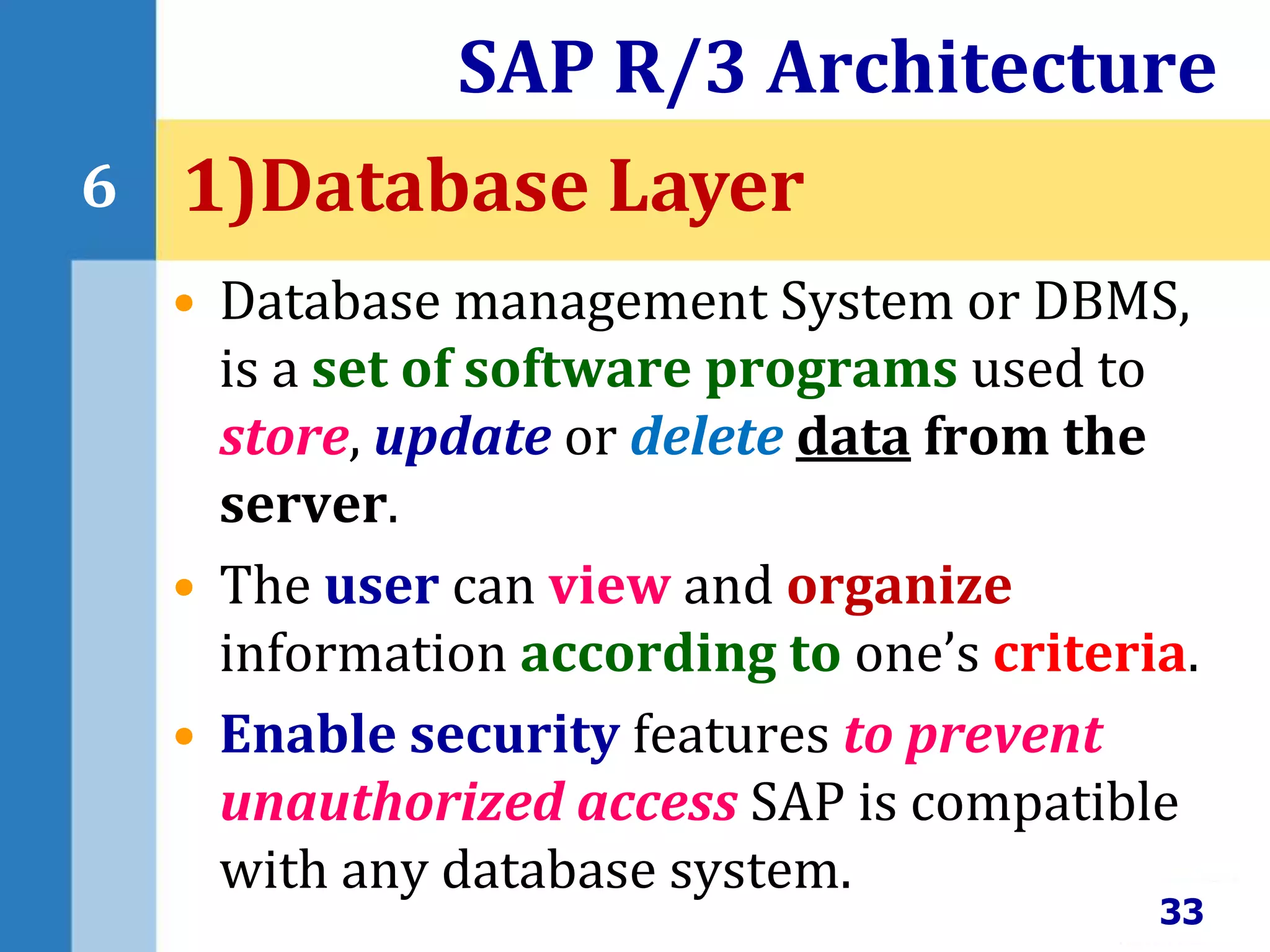 • Database management System or DBMS,
is a set of software programs used to
store, update or delete data from the
server.
• The user can view and organize
information according to one’s criteria.
• Enable security features to prevent
unauthorized access SAP is compatible
with any database system.
SAP R/3 Architecture
33
6 1)Database Layer
 