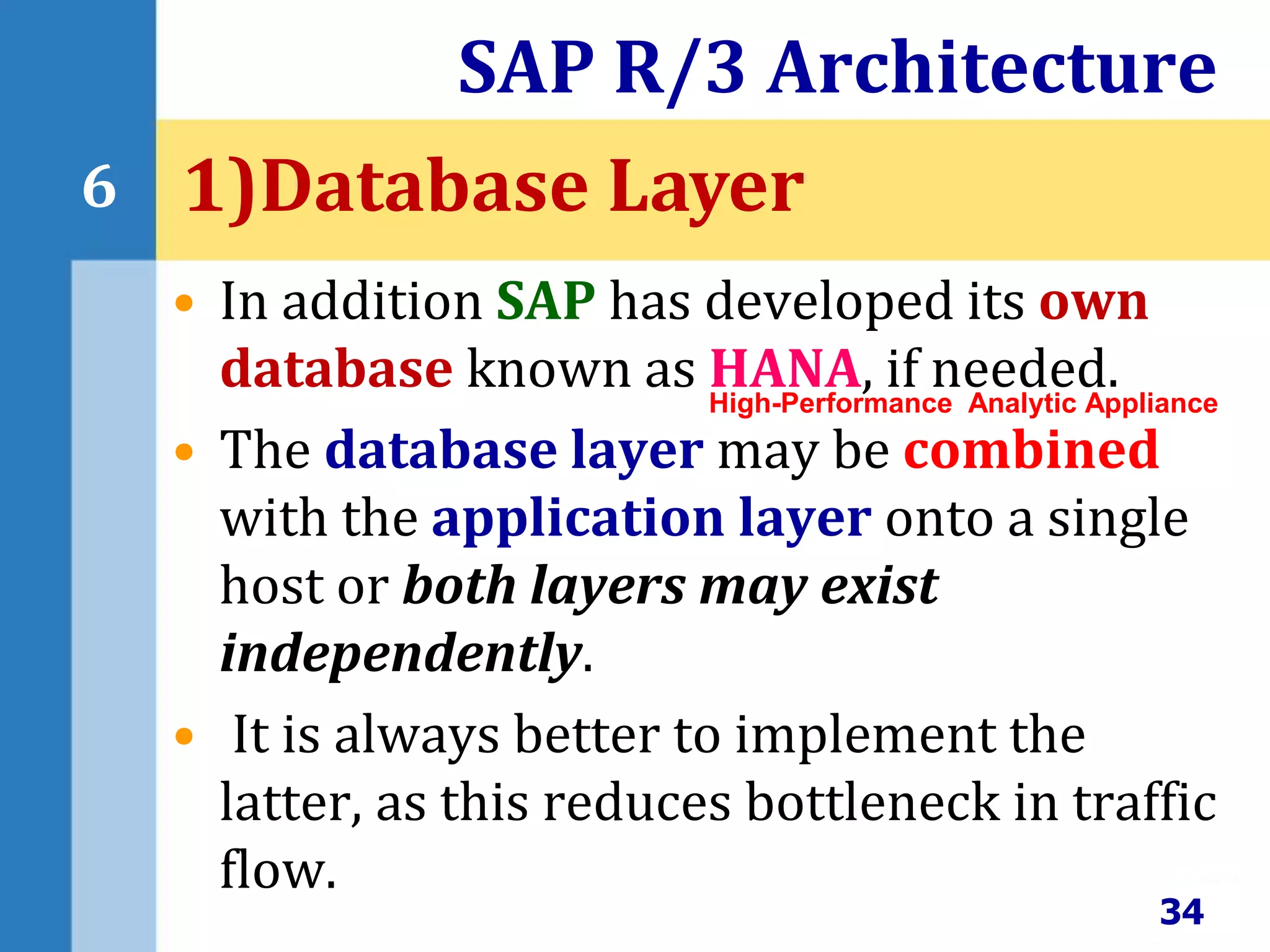 • In addition SAP has developed its own
database known as HANA, if needed.
• The database layer may be combined
with the application layer onto a single
host or both layers may exist
independently.
• It is always better to implement the
latter, as this reduces bottleneck in traffic
flow.
SAP R/3 Architecture
34
6 1)Database Layer
High-Performance Analytic Appliance
 