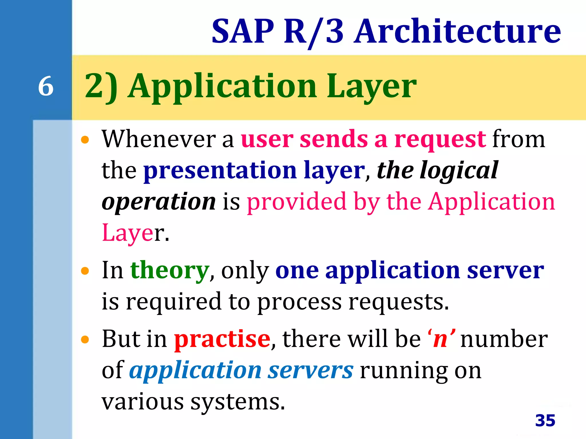 • Whenever a user sends a request from
the presentation layer, the logical
operation is provided by the Application
Layer.
• In theory, only one application server
is required to process requests.
• But in practise, there will be ‘n’ number
of application servers running on
various systems.
SAP R/3 Architecture
35
6 2) Application Layer
 