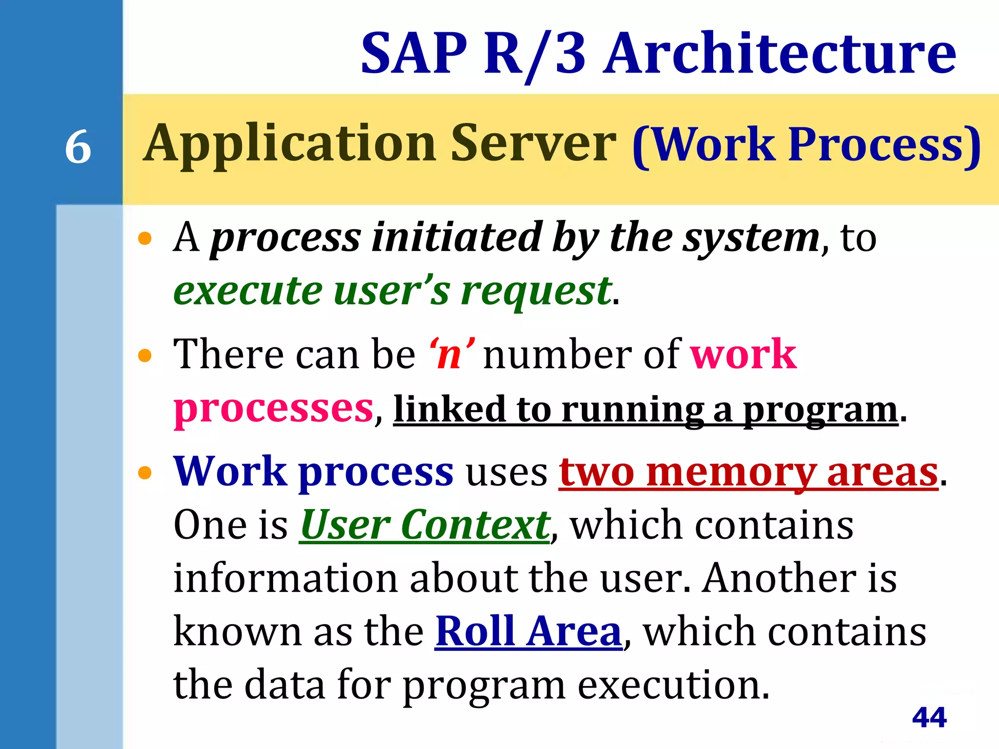• A process initiated by the system, to
execute user’s request.
• There can be ‘n’ number of work
processes, linked to running a program.
• Work process uses two memory areas.
One is User Context, which contains
information about the user. Another is
known as the Roll Area, which contains
the data for program execution.
SAP R/3 Architecture
44
6 Application Server (Work Process)
 