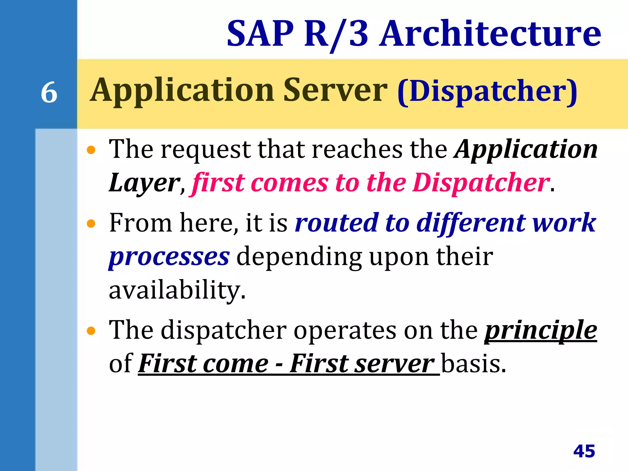 • The request that reaches the Application
Layer, first comes to the Dispatcher.
• From here, it is routed to different work
processes depending upon their
availability.
• The dispatcher operates on the principle
of First come - First server basis.
SAP R/3 Architecture
45
6 Application Server (Dispatcher)
 