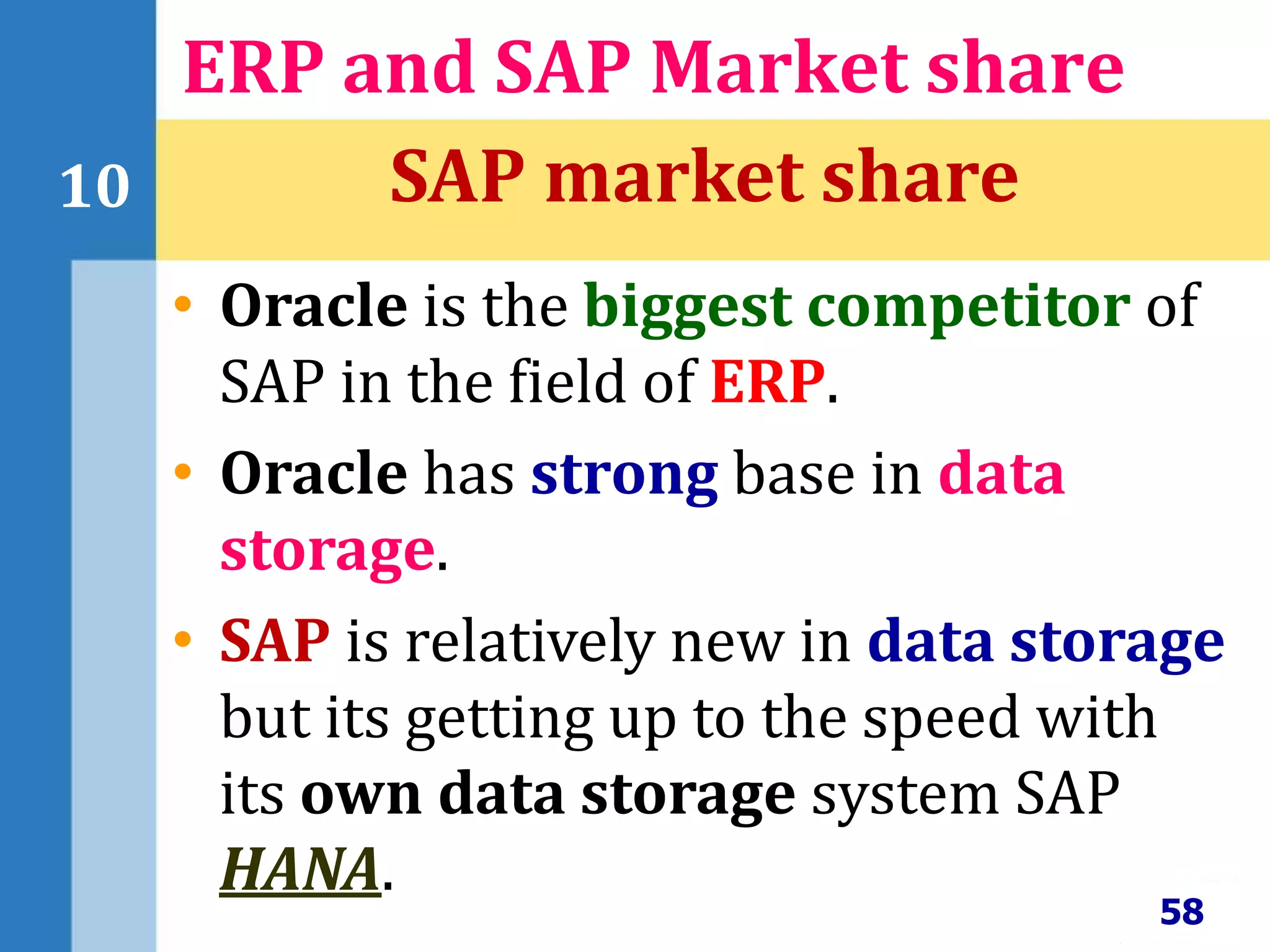 58
10
ERP and SAP Market share
SAP market share
• Oracle is the biggest competitor of
SAP in the field of ERP.
• Oracle has strong base in data
storage.
• SAP is relatively new in data storage
but its getting up to the speed with
its own data storage system SAP
HANA.
 