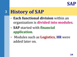 • Each functional division within an
organization is divided into modules.
• SAP started with financial
application.
• Modules such as Logistics, HR were
added later on.
History of SAP
14
SAP
3
 