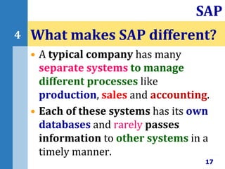 • A typical company has many
separate systems to manage
different processes like
production, sales and accounting.
• Each of these systems has its own
databases and rarely passes
information to other systems in a
timely manner.
What makes SAP different?
17
SAP
4
 
