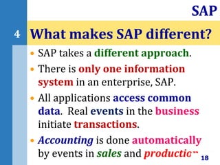 • SAP takes a different approach.
• There is only one information
system in an enterprise, SAP.
• All applications access common
data. Real events in the business
initiate transactions.
• Accounting is done automatically
by events in sales and production.
What makes SAP different?
18
SAP
4
 
