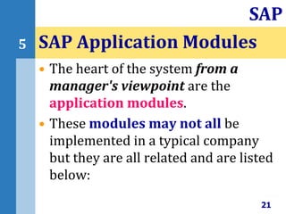 • The heart of the system from a
manager's viewpoint are the
application modules.
• These modules may not all be
implemented in a typical company
but they are all related and are listed
below:
SAP Application Modules
21
SAP
5
 