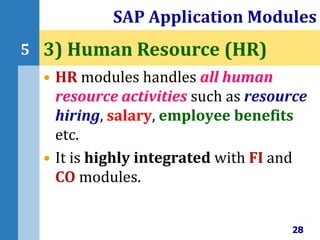 • HR modules handles all human
resource activities such as resource
hiring, salary, employee benefits
etc.
• It is highly integrated with FI and
CO modules.
SAP Application Modules
28
5 3) Human Resource (HR)
 