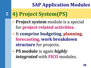 • Project system module is a special
for project related activities.
• It comprise budgeting, planning,
forecasting, work breakdown
structure for projects.
• PS module is again highly
integrated with FICO modules.
SAP Application Modules
29
5 4) Project System(PS)
 