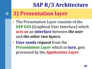 • The Presentation Layer consists of the
SAP GUI (Graphical User Interface) which
acts as an interface between the user
and the other two layers.
• User sends request from the
Presentation Layer which in turn, gets
processed by the Application Layer.
SAP R/3 Architecture
37
6 3) Presentation layer
 