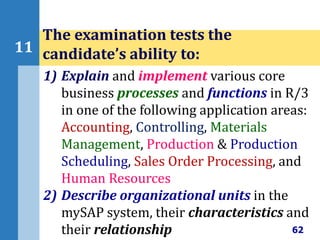 62
11
The examination tests the
candidate’s ability to:
1) Explain and implement various core
business processes and functions in R/3
in one of the following application areas:
Accounting, Controlling, Materials
Management, Production & Production
Scheduling, Sales Order Processing, and
Human Resources
2) Describe organizational units in the
mySAP system, their characteristics and
their relationship
 