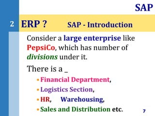 Consider a large enterprise like
PepsiCo, which has number of
divisions under it.
There is a _
•Financial Department,
•Logistics Section,
•HR, Warehousing,
•Sales and Distribution etc.
ERP ? SAP - Introduction
7
SAP
2
 