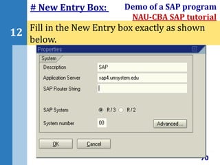 70
12
Demo of a SAP program
NAU-CBA SAP tutorial
Fill in the New Entry box exactly as shown
below.
# New Entry Box:
 