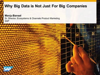 Why Big Data is Not Just For Big Companies

Manju Bansal
Sr. Director, Ecosystems & Channels Product Marketing
SAP
 