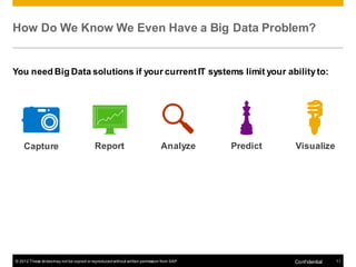 How Do We Know We Even Have a Big Data Problem?


You need Big Data solutions if your current IT systems limit your ability to:




    Capture                               Report                              Analyze     Predict   Visualize




© 2012 These slides may not be copied or reproduced without written permission from SAP             Conf idential   11
 