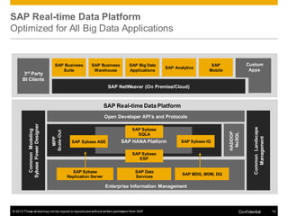SAP Real-time Data Platform
Optimized for All Big Data Applications


                                    SAP Business          SAP Business       SAP Big Data                       SAP              Custom
                                                                                            SAP Analytics
                                       Suite               Warehouse         Applications                      Mobile             Apps
      3rd Party
      BI Clients
                                                                    SAP NetWeaver (On Premise/Cloud)



                                                                   SAP Real-time Data Platform
                                                                   Open Developer API’s and Protocols
          Sybase Power Designer




                                                                                                                                      Common Landscape
                                                                               SAP Sybase
            Common Modeling




                                  Scale-Out




                                                                                                                        HADOOP
                                                                                                                         NoSQL
                                                                                 SQLA




                                                                                                                                         Management
                                    MPP




                                                SAP Sybase ASE           SAP HANA Platform         SAP Sybase IQ

                                                                               SAP Sybase
                                                                                  ESP


                                                SAP Sybase                       SAP Data
                                                                                                   SAP MDG, MDM, DQ
                                              Replication Server                 Services

                                                                   Enterprise Information Management




© 2012 These slides may not be copied or reproduced without written permission from SAP                                      Conf idential               14
 