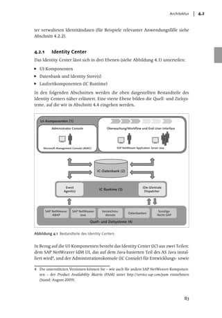 Architektur   4.2


ter verwalteten Identitätsdaten (für Beispiele relevanter Anwendungsfälle siehe
Abschnitt 4.2.2).


4.2.1      Identity Center
Das Identity Center lässt sich in drei Ebenen (siehe Abbildung 4.1) unterteilen:

   UI-Komponenten
   Datenbank und Identity Store(s)
   Laufzeitkomponenten (IC Runtime)

In den folgenden Abschnitten werden die oben dargestellten Bestandteile des
Identity Centers näher erläutert. Eine vierte Ebene bilden die Quell- und Zielsys-
teme, auf die wir in Abschnitt 4.4 eingehen werden.


   UI-Komponenten (1)

           Administrator Console               Überwachung/Workflow und End-User-Interface




     Microsoft Management Console (MMC)               SAP NetWeaver Application Server Java




                                          IC-Datenbank (2)



                    Event                                                 (De-)Zentrale
                   Agent(s)
                                           IC Runtime (3)                  Dispatcher




        SAP NetWeaver    SAP NetWeaver      Verzeichnis-                             Sonstige
                                                              Datenbanken
            ABAP              Java            dienste                                Nicht-SAP

                                     Quell- und Zielsysteme (4)


Abbildung 4.1 Bestandteile des Identity Centers


In Bezug auf die UI-Komponenten besteht das Identity Center (IC) aus zwei Teilen:
dem SAP NetWeaver IdM UI, das auf dem Java-basierten Teil des AS Java instal-
liert wird4, und der Administrationskonsole (IC Console) für Entwicklungs- sowie

4 Die unterstützten Versionen können Sie – wie auch für andere SAP NetWeaver-Komponen-
  ten – der Product Availability Matrix (PAM) unter http://service.sap.com/pam entnehmen
  (Stand: August 2009).




                                                                                                      83
 
