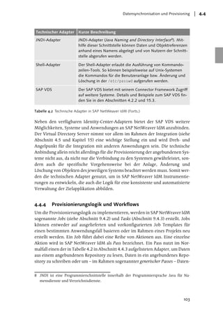 Datensynchronisation und Provisioning   4.4



Technischer Adapter      Kurze Beschreibung
JNDI-Adapter             JNDI-Adapter (Java Naming and Directory Interface8). Mit-
                         hilfe dieser Schnittstelle können Daten und Objektreferenzen
                         anhand eines Namens abgelegt und von Nutzern der Schnitt-
                         stelle abgerufen werden.

Shell-Adapter            Der Shell-Adapter erlaubt die Ausführung von Kommando-
                         zeilen-Tools. So können beispielsweise auf Unix-Systemen
                         die Kommandos für die Benutzeranlage bzw. Änderung und
                         Löschung in der /etc/passwd aufgerufen werden.

SAP VDS                  Der SAP VDS bietet mit seinem Connector Framework Zugriff
                         auf weitere Systeme. Details und Beispiele zum SAP VDS fin-
                         den Sie in den Abschnitten 4.2.2 und 15.3.

Tabelle 4.2 Technische Adapter in SAP NetWeaver IdM (Forts.)

Neben den verfügbaren Identity-Center-Adaptern bietet der SAP VDS weitere
Möglichkeiten, Systeme und Anwendungen an SAP NetWeaver IdM anzubinden.
Der Virtual Directory Server nimmt vor allem im Rahmen der Integration (siehe
Abschnitt 4.5 und Kapitel 15) eine wichtige Stellung ein und wird Dreh- und
Angelpunkt für die Integration mit anderen Anwendungen sein. Die technische
Anbindung allein reicht allerdings für die Provisionierung der angebundenen Sys-
teme nicht aus, da nicht nur die Verbindung zu den Systemen gewährleistet, son-
dern auch die spezifische Vorgehensweise bei der Anlage, Änderung und
Löschung von Objekten des jeweiligen Systems beachtet werden muss. Somit wer-
den die technischen Adapter genutzt, um in SAP NetWeaver IdM Instrumentie-
rungen zu entwickeln, die auch die Logik für eine konsistente und automatisierte
Verwaltung der Zielapplikation abbilden.8


4.4.4    Provisionierungslogik und Workflows
Um die Provisionierungslogik zu implementieren, werden in SAP NetWeaver IdM
sogenannte Jobs (siehe Abschnitt 9.4.2) und Tasks (Abschnitt 9.4.3) erstellt. Jobs
können entweder auf ausgelieferten und vorkonfigurierten Job Templates für
einen bestimmten Anwendungsfall basieren oder im Rahmen eines Projekts neu
erstellt werden. Ein Job führt dabei eine Reihe von Aktionen aus. Eine einzelne
Aktion wird in SAP NetWeaver IdM als Pass bezeichnet. Ein Pass nutzt im Nor-
malfall einen der in Tabelle 4.2 in Abschnitt 4.4.3 aufgelisteten Adapter, um Daten
aus einem angebundenen Repository zu lesen, Daten in ein angebundenes Repo-
sitory zu schreiben oder um – im Rahmen sogenannter generischer Passes – Daten-


8 JNDI ist eine Programmierschnittstelle innerhalb der Programmiersprache Java für Na-
  mensdienste und Verzeichnisdienste.




                                                                                   103
 