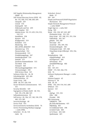 Index




SAP Supplier Relationship Management          Sicherheit (Forts.)
   (SRM) 32                                      Risiko 27
SAP Virtual Directory Server (VDS) 82,        SID 169
   89, 176, 500, 514, 548, 600, 604           Simple and Protected GSSAPI Negotiation
   Classpath 259                                 Mechanism 551
   Console 576                                Simple Network Management Protocol
   Datenquelle 561                                  siehe SNMP
   Fehlersuche und Test 259                   Single Sign-on      siehe SSO
   GRC-Template 541                           Sizing 545
   Identity Service 90, 111, 491, 514, 515,   Skript 292, 338, 367, 423, 487
     516, 517                                    Destination Script 353, 355
   Installation 258                              Entry Script 347, 348, 351, 353, 354
   Keystore 552                                  Fehlerskript 365, 367
   Konfiguration 519                             globales 292, 349
   Konnektor 515                                 Init Script 347
   Monitoring 259                                JavaScript 292, 349, 356
   MX_ASYNC_REQUEST 518                          Parameterübergabe 350
   Operation Log 574                             Termination Script 347, 348
   Passwortschutz 552                            Visual Basic Script (VBScript) 292, 356,
   Persistenzschicht 515                            481
   Produktivumgebung 547                      Skriptfunktion 348
   Standardprotokoll 514                         uApplyPending() 410
   Statistik 575                                 uGetApprovers 406
   Synchrone Kommunikation 515                   uProvision() 415
   Test Mode 576                                 uSendSMTPMessage 406
   Transport 560                              SLD 71
   Überwachungsmöglichkeit 573                SNC 107, 551
   Voraussetzungen 258                        SNMP 115, 565, 566, 576
   Web Services Client 521                    SOA 76
Sarbanes-Oxley Act 26, 38                     Software Deployment Manager          siehe
Scheduling Rule 425, 426                         SDM
Schlüsselattribut 93                          Solution Support 62
Scope Creep 140                               Solvency II 38
SDM 68, 257, 520, 554                         SOX 26, 38
Secure Network Communications 107,            SPML 142, 259, 514, 561, 604
   551                                        SPNEGO 551
Security Identifier 169                       Sponsor 121
Segregation of Duties (SoD) 38, 110,          SQL
   164, 195, 278, 280, 525                       Anfrage 333, 334
Selbstadministration 59                          Filter 388
Self-Service 85, 106, 127, 182, 190, 378,        Prozedur 398
   483, 579, 585                              SQL-Anweisung
Servertechnologie 68                             %MSKEY% 399
Service Pack 553                                 für Delta-Mechanismus 431
Serviceorientierte Architektur (SOA) 76          Hilfsdialog 401
Service Provisioning Markup Language             in Conditional Tasks 398
      siehe SPML                                 in Switch Tasks 400
Sicherheit 25, 26, 134                           in To-Passes 423, 424
   Lücke 34                                      Spaltenname 421




632
 