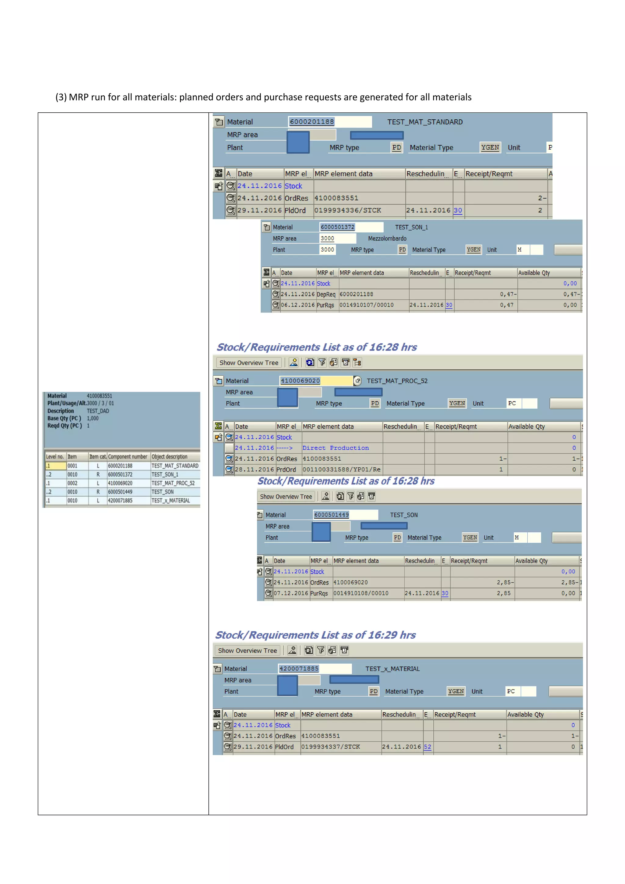 (3) MRP run for all materials: planned orders and purchase requests are generated for all materials
 
