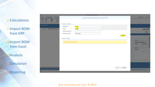 ALTA VIA CONSULTING, LLC © 2015
 Calculations
 Import BOM
from ERP
Import BOM
from Excel
Analysis
Simulation
Reporting
 