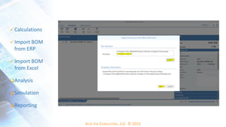 ALTA VIA CONSULTING, LLC © 2015
 Calculations
 Import BOM
from ERP
 Import BOM
from Excel
Analysis
Simulation
Reporting
 
