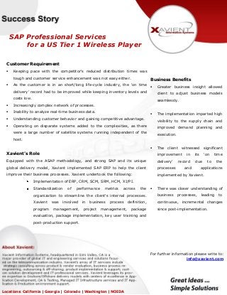SAP Professional Services
for a US Tier 1 Wireless Player
Customer Requirement
 Keeping pace with the competitor's reduced distribution times was
tough and customer service enhancement was not easy either.
 As the customer is in an short/long life-cycle industry, the 'on time
delivery' record had to be improved while keeping inventory levels and
costs low.
 Increasingly complex network of processes.
 Inability to analyze real-time business data.
 Understanding customer behavior and gaining competitive advantage.
 Operating on disparate systems added to the complexities, as there
were a large number of satellite systems running independent of the
host.
Xavient’s Role
Equipped with the ASAP methodology, and strong SAP and its unique
global delivery model, Xavient implemented SAP ERP to help the client
improve their business processes. Xavient undertook the following:
Implementation of ERP, CRM, SCM, SRM, HCM, XI/PI.
Standardization of performance metrics across the
organization to streamline the client's internal processes.
Xavient was involved in business process definition,
program management, project management, package
evaluation, package implementation, key user training and
post-production support.
Business Benefits
 Greater business insight allowed
client to adjust business models
seamlessly.
 The implementation imparted high
visibility to the supply chain and
improved demand planning and
execution.
 The client witnessed significant
improvement in its 'on time
delivery' record due to the
processes and applications
implemented by Xavient.
 There was closer understanding of
business processes, leading to
continuous, incremental changes
since post-implementation.
For further information please write to:
info@xavient.com
Locations: California | Georgia | Colorado | Washington | NOIDA
 