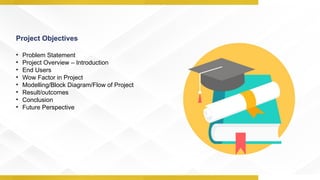 Project Objectives
• Problem Statement
• Project Overview – Introduction
• End Users
• Wow Factor in Project
• Modelling/Block Diagram/Flow of Project
• Result/outcomes
• Conclusion
• Future Perspective
 
