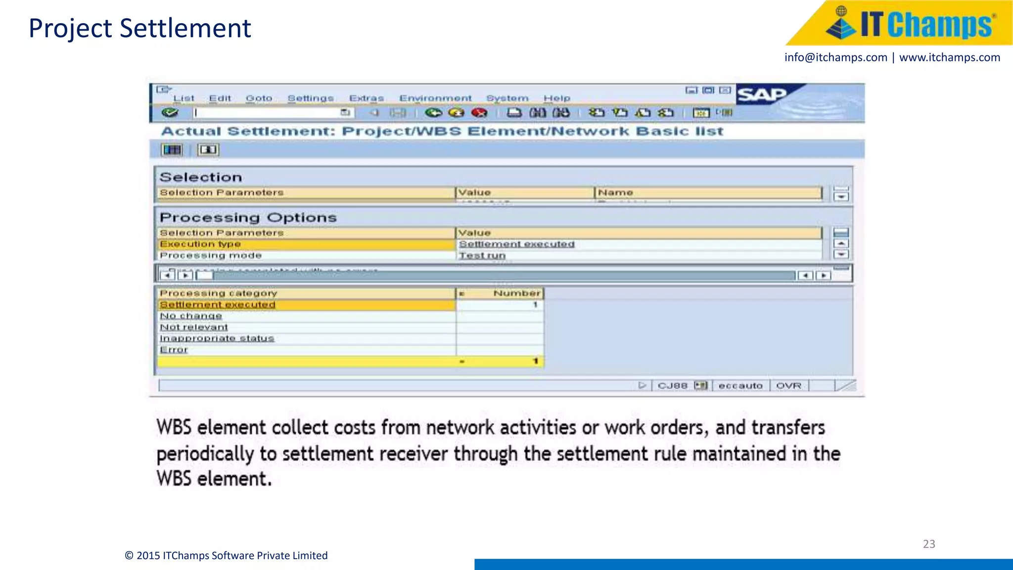info@itchamps.com | www.itchamps.com
Project Settlement
23
© 2015 ITChamps Software Private Limited
 