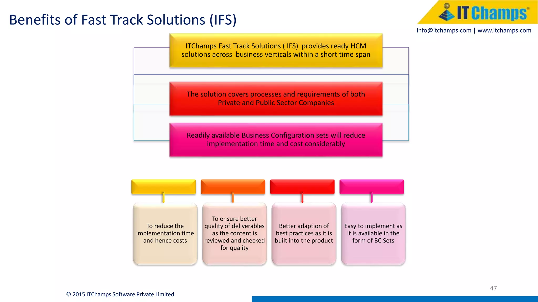 info@itchamps.com | www.itchamps.com
47
© 2015 ITChamps Software Private Limited
Benefits of Fast Track Solutions (IFS)
To reduce the
implementation time
and hence costs
To ensure better
quality of deliverables
as the content is
reviewed and checked
for quality
Better adaption of
best practices as it is
built into the product
Easy to implement as
it is available in the
form of BC Sets
Readily available Business Configuration sets will reduce
implementation time and cost considerably
The solution covers processes and requirements of both
Private and Public Sector Companies
ITChamps Fast Track Solutions ( IFS) provides ready HCM
solutions across business verticals within a short time span
 