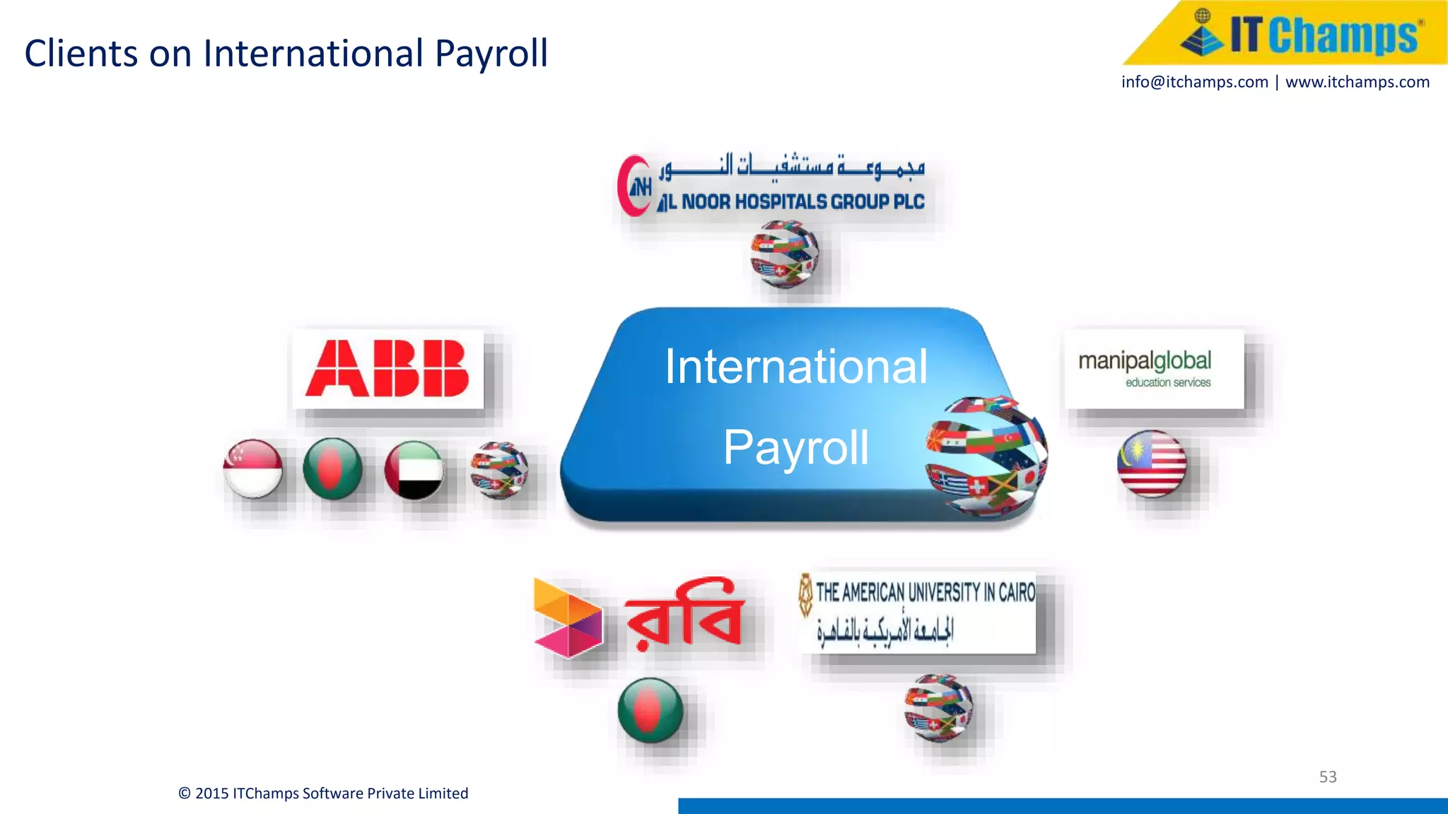 info@itchamps.com | www.itchamps.com
53
International
Payroll
Clients on International Payroll
© 2015 ITChamps Software Private Limited
 