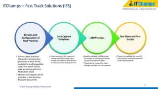 info@itchamps.com | www.itchamps.com
46
© 2015 ITChamps Software Private Limited
Test Plans and Test
Scripts
• These are available for most of
the business processes covered
under best practices
LSMW scripts
• Readily available LSMW scripts
for almost all infotypes to easily
upload the captured data
• These can be reused for mass
changes post go-live by customer
Data Capture
Templates
• Excel templates for capture of
various data from legacy are
readily available for distribution
to end users well ahead of time
BC Sets with
Configuration of
Best Practices
•Industry best practices
followed in the business
processes of each of the
modules is readily available
as BC Sets which can be
used as starting point for
Realization phase
•Module wise details will be
provided in the Business
Blueprint Document
ITChamps – Fast Track Solutions (IFS)
 