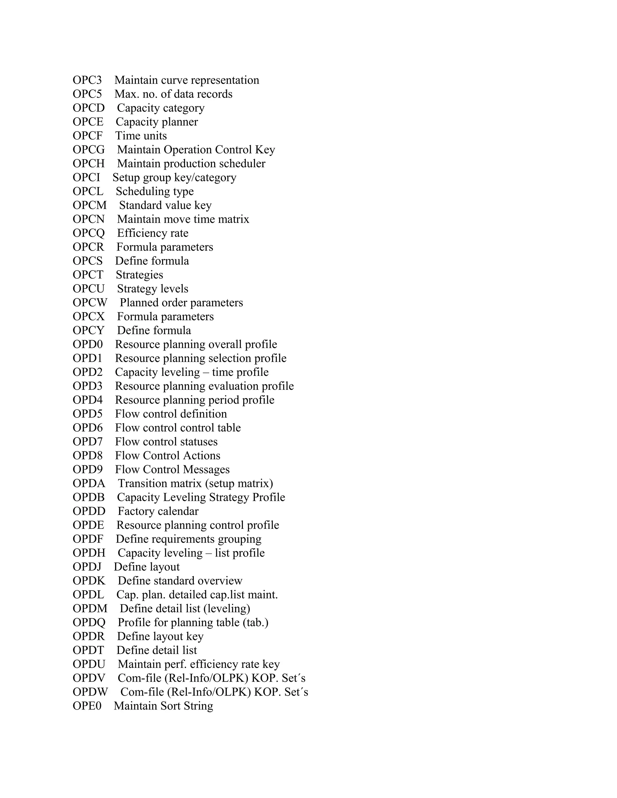 OPC3
OPC5
OPCD
OPCE
OPCF
OPCG
OPCH
OPCI
OPCL
OPCM
OPCN
OPCQ
OPCR
OPCS
OPCT
OPCU
OPCW
OPCX
OPCY
OPD0
OPD1
OPD2
OPD3
OPD4
OPD5
OPD6
OPD7
OPD8
OPD9
OPDA
OPDB
OPDD
OPDE
OPDF
OPDH
OPDJ
OPDK
OPDL
OPDM
OPDQ
OPDR
OPDT
OPDU
OPDV
OPDW
OPE0

Maintain curve representation
Max. no. of data records
Capacity category
Capacity planner
Time units
Maintain Operation Control Key
Maintain production scheduler
Setup group key/category
Scheduling type
Standard value key
Maintain move time matrix
Efficiency rate
Formula parameters
Define formula
Strategies
Strategy levels
Planned order parameters
Formula parameters
Define formula
Resource planning overall profile
Resource planning selection profile
Capacity leveling – time profile
Resource planning evaluation profile
Resource planning period profile
Flow control definition
Flow control control table
Flow control statuses
Flow Control Actions
Flow Control Messages
Transition matrix (setup matrix)
Capacity Leveling Strategy Profile
Factory calendar
Resource planning control profile
Define requirements grouping
Capacity leveling – list profile
Define layout
Define standard overview
Cap. plan. detailed cap.list maint.
Define detail list (leveling)
Profile for planning table (tab.)
Define layout key
Define detail list
Maintain perf. efficiency rate key
Com-file (Rel-Info/OLPK) KOP. Set´s
Com-file (Rel-Info/OLPK) KOP. Set´s
Maintain Sort String

 