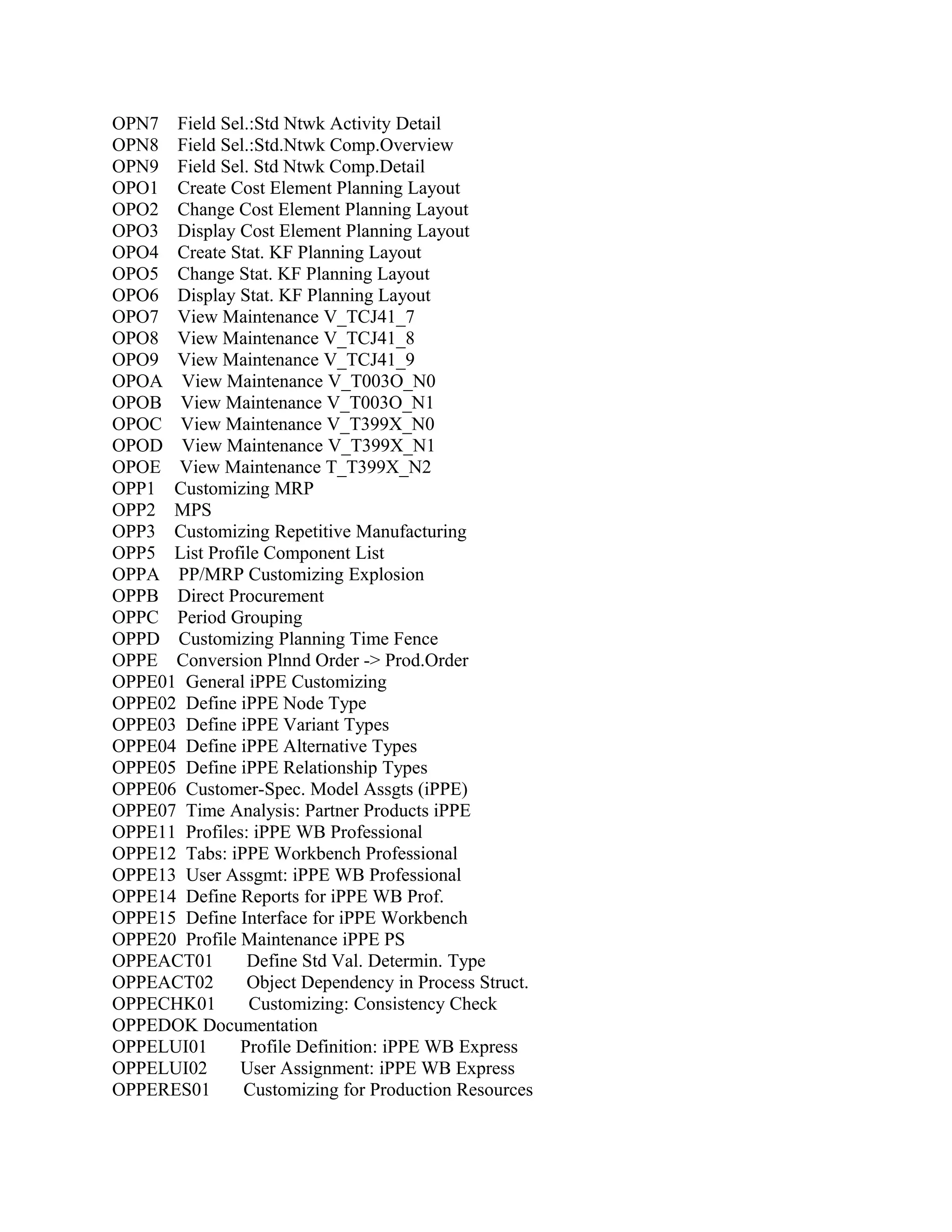 OPN7 Field Sel.:Std Ntwk Activity Detail
OPN8 Field Sel.:Std.Ntwk Comp.Overview
OPN9 Field Sel. Std Ntwk Comp.Detail
OPO1 Create Cost Element Planning Layout
OPO2 Change Cost Element Planning Layout
OPO3 Display Cost Element Planning Layout
OPO4 Create Stat. KF Planning Layout
OPO5 Change Stat. KF Planning Layout
OPO6 Display Stat. KF Planning Layout
OPO7 View Maintenance V_TCJ41_7
OPO8 View Maintenance V_TCJ41_8
OPO9 View Maintenance V_TCJ41_9
OPOA View Maintenance V_T003O_N0
OPOB View Maintenance V_T003O_N1
OPOC View Maintenance V_T399X_N0
OPOD View Maintenance V_T399X_N1
OPOE View Maintenance T_T399X_N2
OPP1 Customizing MRP
OPP2 MPS
OPP3 Customizing Repetitive Manufacturing
OPP5 List Profile Component List
OPPA PP/MRP Customizing Explosion
OPPB Direct Procurement
OPPC Period Grouping
OPPD Customizing Planning Time Fence
OPPE Conversion Plnnd Order -> Prod.Order
OPPE01 General iPPE Customizing
OPPE02 Define iPPE Node Type
OPPE03 Define iPPE Variant Types
OPPE04 Define iPPE Alternative Types
OPPE05 Define iPPE Relationship Types
OPPE06 Customer-Spec. Model Assgts (iPPE)
OPPE07 Time Analysis: Partner Products iPPE
OPPE11 Profiles: iPPE WB Professional
OPPE12 Tabs: iPPE Workbench Professional
OPPE13 User Assgmt: iPPE WB Professional
OPPE14 Define Reports for iPPE WB Prof.
OPPE15 Define Interface for iPPE Workbench
OPPE20 Profile Maintenance iPPE PS
OPPEACT01
Define Std Val. Determin. Type
OPPEACT02
Object Dependency in Process Struct.
OPPECHK01
Customizing: Consistency Check
OPPEDOK Documentation
OPPELUI01
Profile Definition: iPPE WB Express
OPPELUI02
User Assignment: iPPE WB Express
OPPERES01
Customizing for Production Resources

 