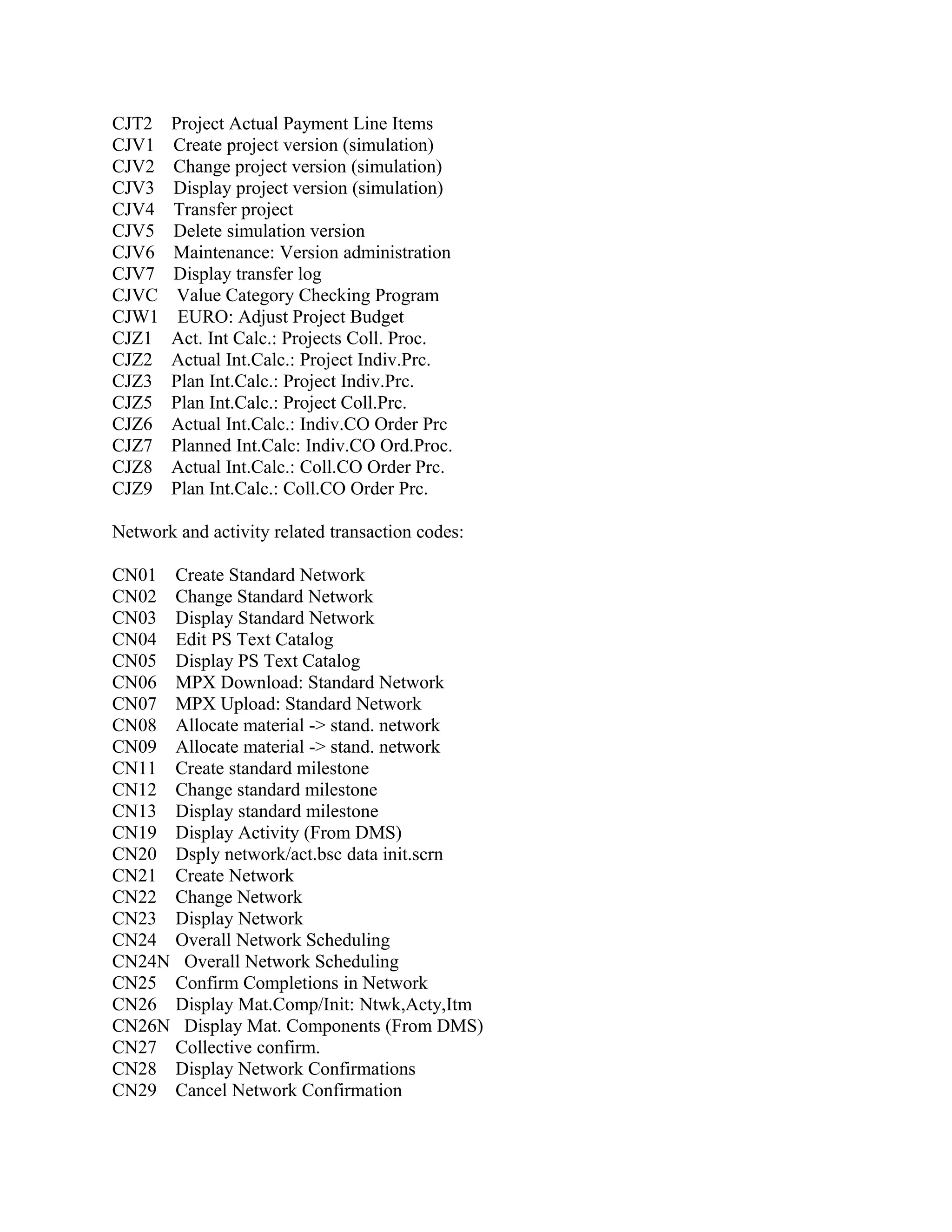 CJT2
CJV1
CJV2
CJV3
CJV4
CJV5
CJV6
CJV7
CJVC
CJW1
CJZ1
CJZ2
CJZ3
CJZ5
CJZ6
CJZ7
CJZ8
CJZ9

Project Actual Payment Line Items
Create project version (simulation)
Change project version (simulation)
Display project version (simulation)
Transfer project
Delete simulation version
Maintenance: Version administration
Display transfer log
Value Category Checking Program
EURO: Adjust Project Budget
Act. Int Calc.: Projects Coll. Proc.
Actual Int.Calc.: Project Indiv.Prc.
Plan Int.Calc.: Project Indiv.Prc.
Plan Int.Calc.: Project Coll.Prc.
Actual Int.Calc.: Indiv.CO Order Prc
Planned Int.Calc: Indiv.CO Ord.Proc.
Actual Int.Calc.: Coll.CO Order Prc.
Plan Int.Calc.: Coll.CO Order Prc.

Network and activity related transaction codes:
CN01 Create Standard Network
CN02 Change Standard Network
CN03 Display Standard Network
CN04 Edit PS Text Catalog
CN05 Display PS Text Catalog
CN06 MPX Download: Standard Network
CN07 MPX Upload: Standard Network
CN08 Allocate material -> stand. network
CN09 Allocate material -> stand. network
CN11 Create standard milestone
CN12 Change standard milestone
CN13 Display standard milestone
CN19 Display Activity (From DMS)
CN20 Dsply network/act.bsc data init.scrn
CN21 Create Network
CN22 Change Network
CN23 Display Network
CN24 Overall Network Scheduling
CN24N Overall Network Scheduling
CN25 Confirm Completions in Network
CN26 Display Mat.Comp/Init: Ntwk,Acty,Itm
CN26N Display Mat. Components (From DMS)
CN27 Collective confirm.
CN28 Display Network Confirmations
CN29 Cancel Network Confirmation

 