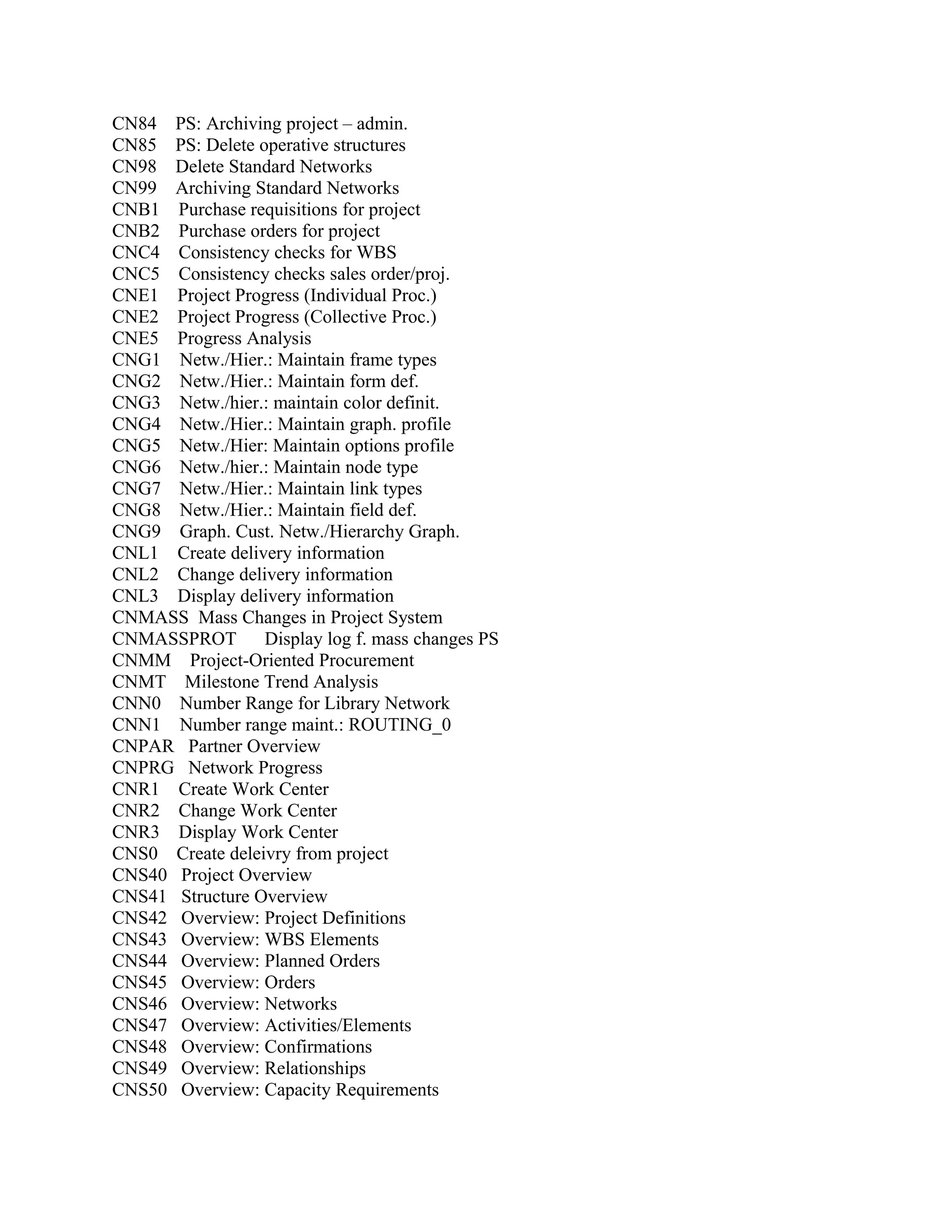 CN84 PS: Archiving project – admin.
CN85 PS: Delete operative structures
CN98 Delete Standard Networks
CN99 Archiving Standard Networks
CNB1 Purchase requisitions for project
CNB2 Purchase orders for project
CNC4 Consistency checks for WBS
CNC5 Consistency checks sales order/proj.
CNE1 Project Progress (Individual Proc.)
CNE2 Project Progress (Collective Proc.)
CNE5 Progress Analysis
CNG1 Netw./Hier.: Maintain frame types
CNG2 Netw./Hier.: Maintain form def.
CNG3 Netw./hier.: maintain color definit.
CNG4 Netw./Hier.: Maintain graph. profile
CNG5 Netw./Hier: Maintain options profile
CNG6 Netw./hier.: Maintain node type
CNG7 Netw./Hier.: Maintain link types
CNG8 Netw./Hier.: Maintain field def.
CNG9 Graph. Cust. Netw./Hierarchy Graph.
CNL1 Create delivery information
CNL2 Change delivery information
CNL3 Display delivery information
CNMASS Mass Changes in Project System
CNMASSPROT
Display log f. mass changes PS
CNMM Project-Oriented Procurement
CNMT Milestone Trend Analysis
CNN0 Number Range for Library Network
CNN1 Number range maint.: ROUTING_0
CNPAR Partner Overview
CNPRG Network Progress
CNR1 Create Work Center
CNR2 Change Work Center
CNR3 Display Work Center
CNS0 Create deleivry from project
CNS40 Project Overview
CNS41 Structure Overview
CNS42 Overview: Project Definitions
CNS43 Overview: WBS Elements
CNS44 Overview: Planned Orders
CNS45 Overview: Orders
CNS46 Overview: Networks
CNS47 Overview: Activities/Elements
CNS48 Overview: Confirmations
CNS49 Overview: Relationships
CNS50 Overview: Capacity Requirements

 