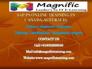 SAP PS ONLINE TRAINING IN
CANADA,AUSTRALIA
Online | classroom| Corporate
Training | certifications | placements| support
CONTACT US
Call:+919052666559
Mail:info@magnifictraining.com
Website:www.magnifictraining.com
 