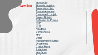 Introdução
Tipos de projetos
Fases do projeto
Estrutura modelo
Estrutura do projeto
Project Builder
Definição do Projeto
PEP
DRD
Atividade
Componente
MRP
Datas
Planejamento custos
Orçamento
Custos Reais
Relatórios
Interfaces
Sumário
 
